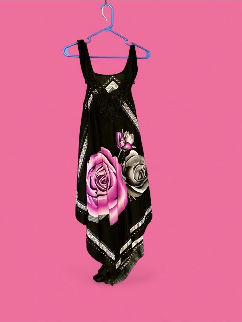 Black Handkerchief Hem Dress with Pink & Gray Rose Print